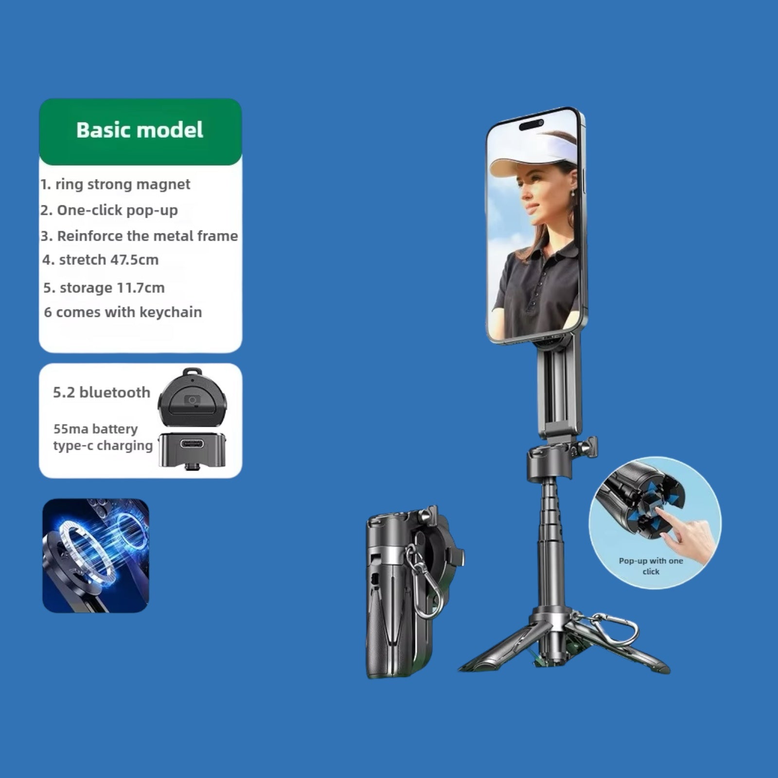 Magnetic Foldable Selfie Stick – 360° Rotating Mount