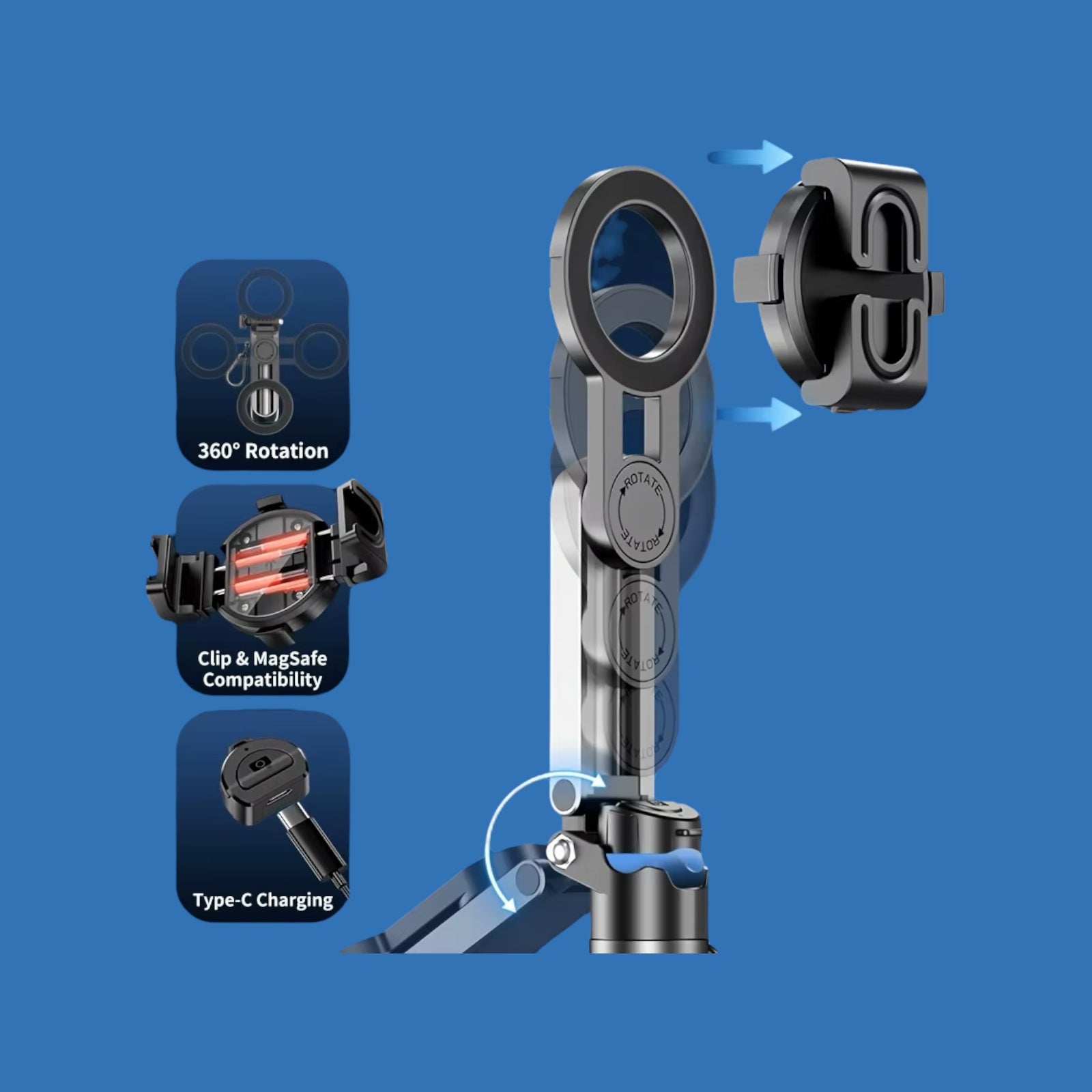 Magnetic Foldable Selfie Stick – 360° Rotating Mount